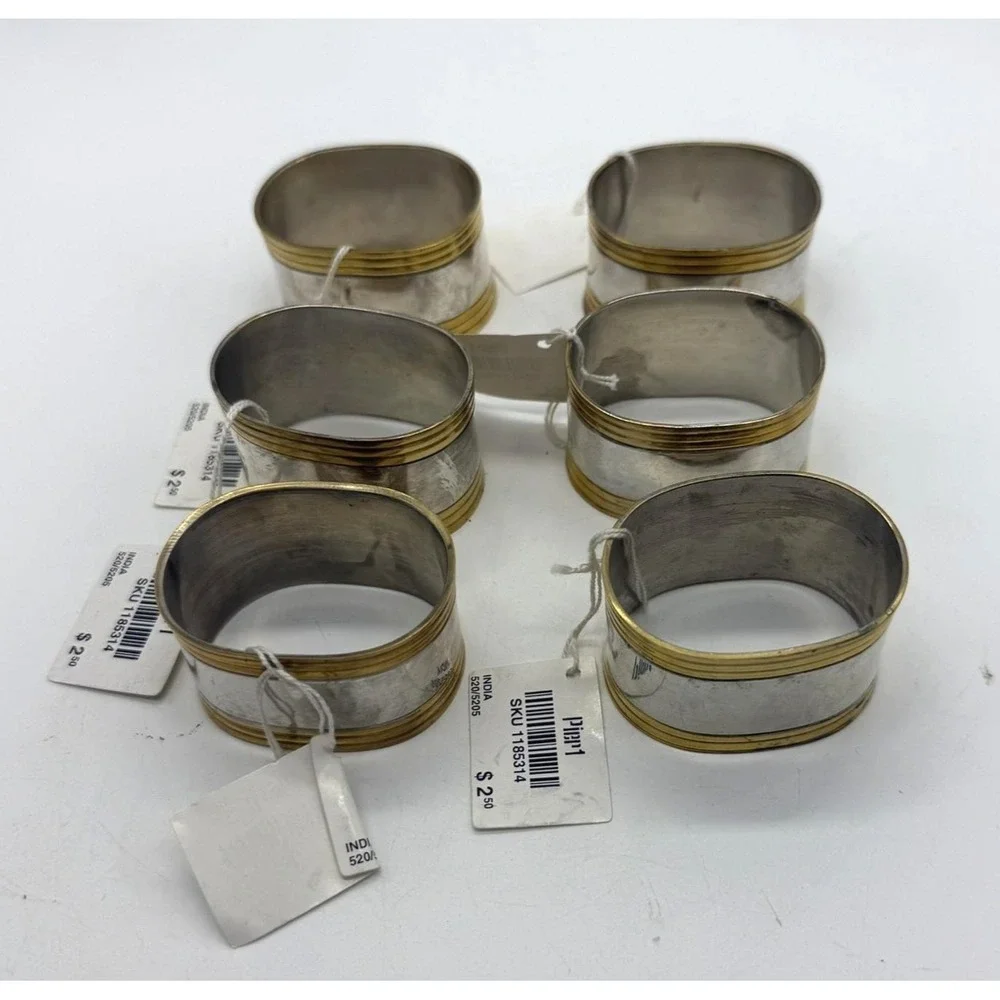 NWT Pier 1 Set of 6 Napkin Rings‎ Silver Tone with Gold Brass Bands Oval Metal